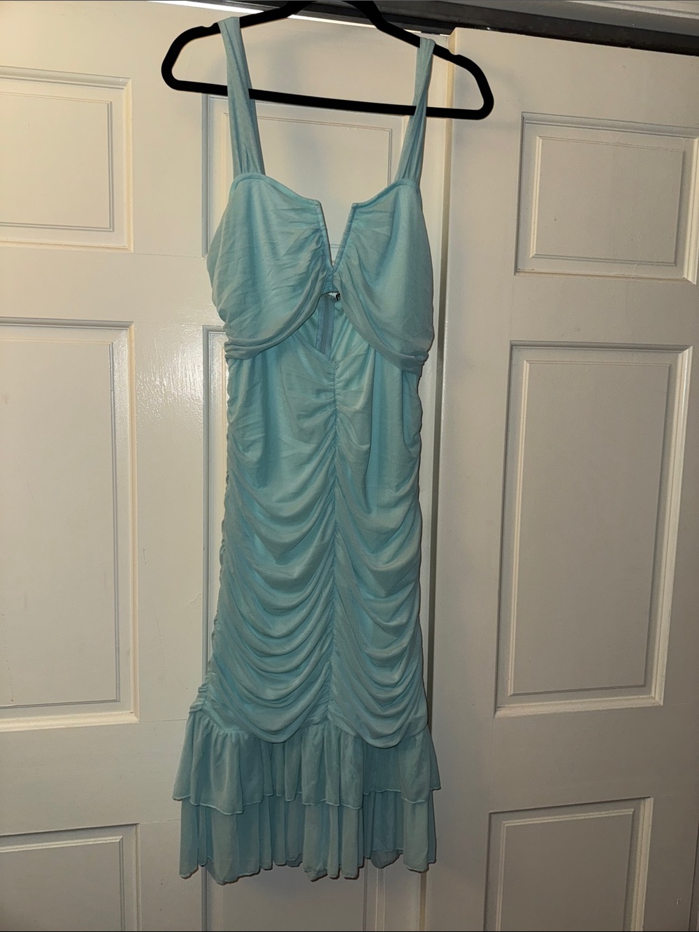 SHEIN Light Blue Ruched Midi Slip Dress with Ruffled Hem